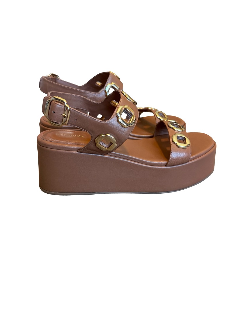 Larroude Milan Flatform Sandals Caramel Platform Gold Accents Size 10 NWOB NEW